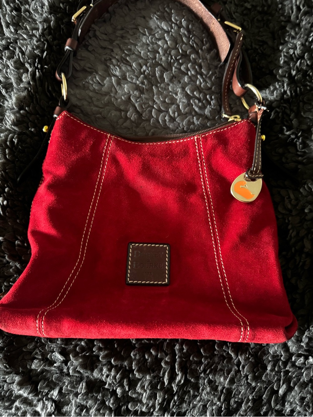 Dooney & Bourke Red Suede Shoulder Bag with Brown Leather Trim